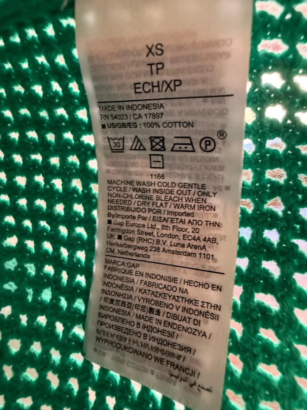 GAP Green Crochet Knit Collared Sweater XS 100% Cotton Open Weave Pullover